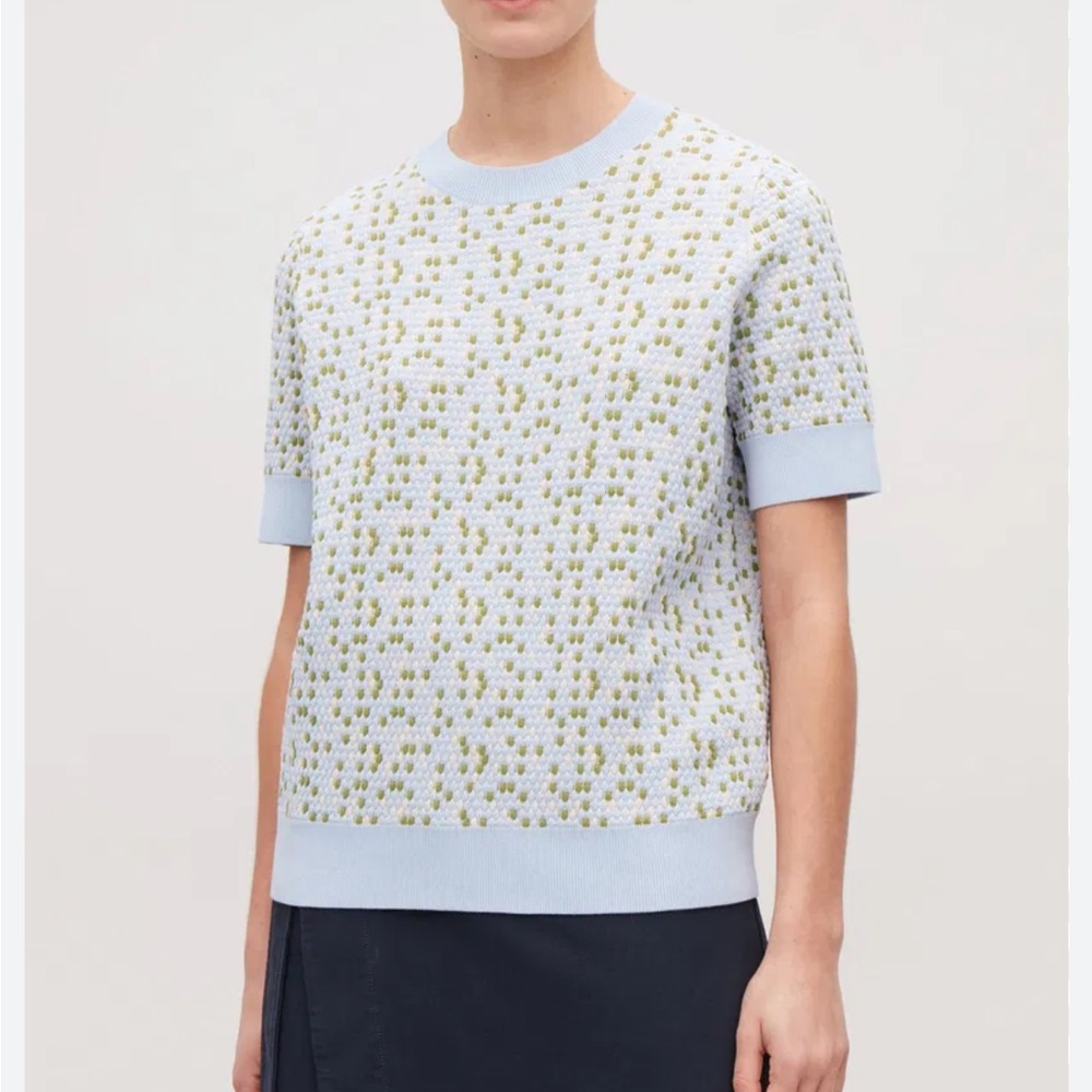 COS Special-Stitch Cotton-Knit Top Crewneck Short Sleeve Blue & Green XS